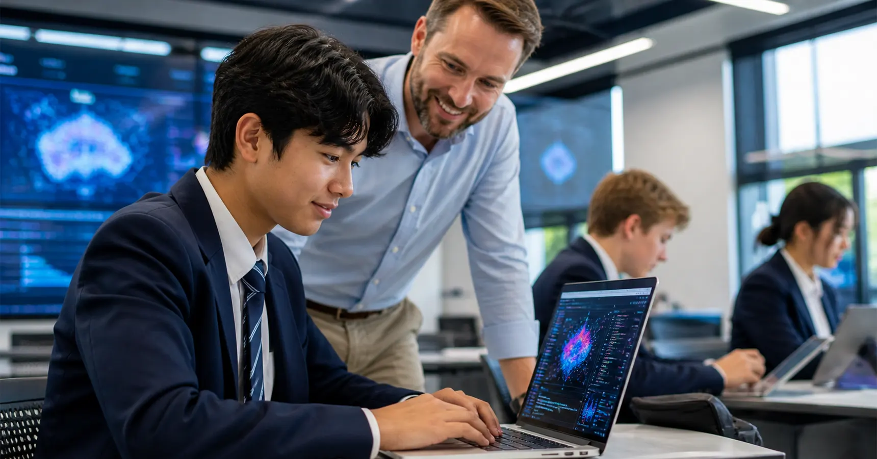 Australian high school student sitting at a desk looking at a glowing laptop screen with colorful data, teacher observing supportively