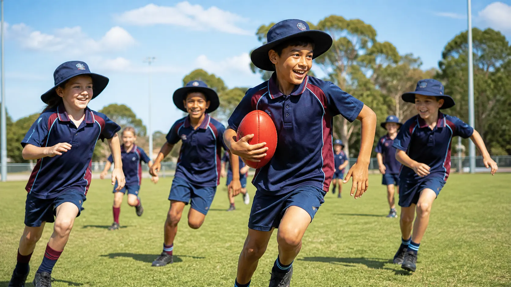 Diverse Australian primary school children in uniforms playing sport on a sunny school oval