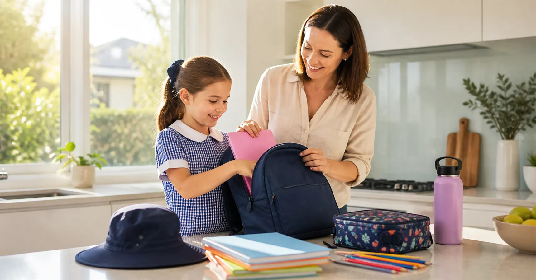 Australian parent and child packing a school backpack at a kitchen counter