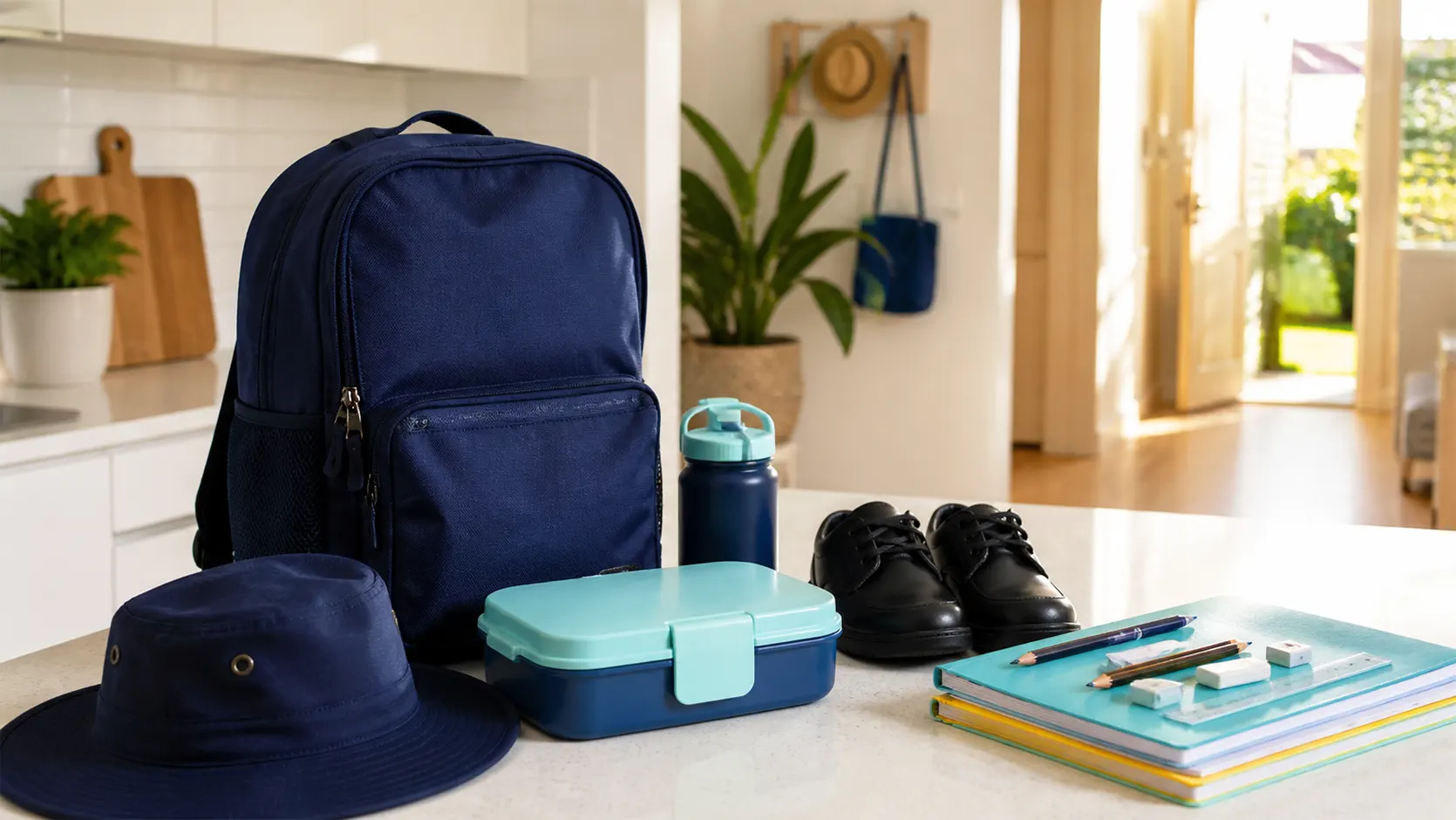 Organised Australian family kitchen counter with school backpack, hat, lunchbox and stationery ready for Day One