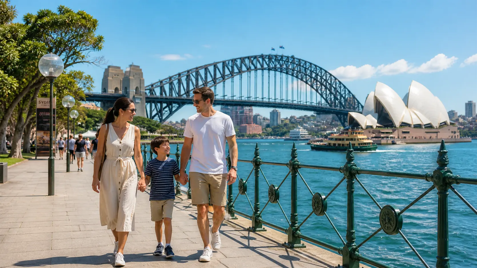 Sydney Harbour with the Opera House in the background and a family walking along the promenade