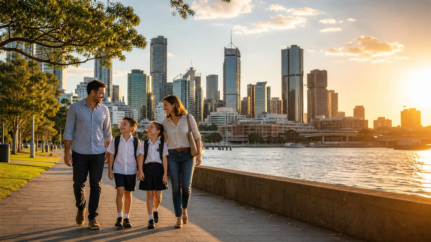 Aerial view of a vibrant Australian city with a family walking along a riverside promenade with school buildings visible in the background