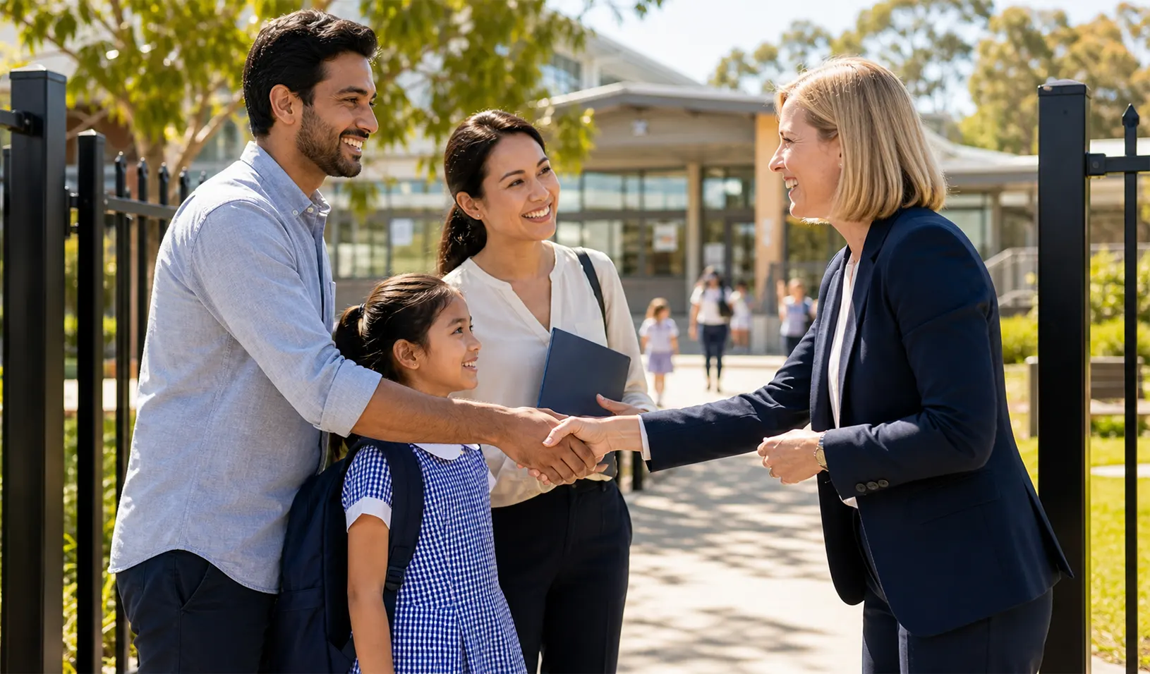 International family with a primary-school-aged child standing at the gates of an Australian school