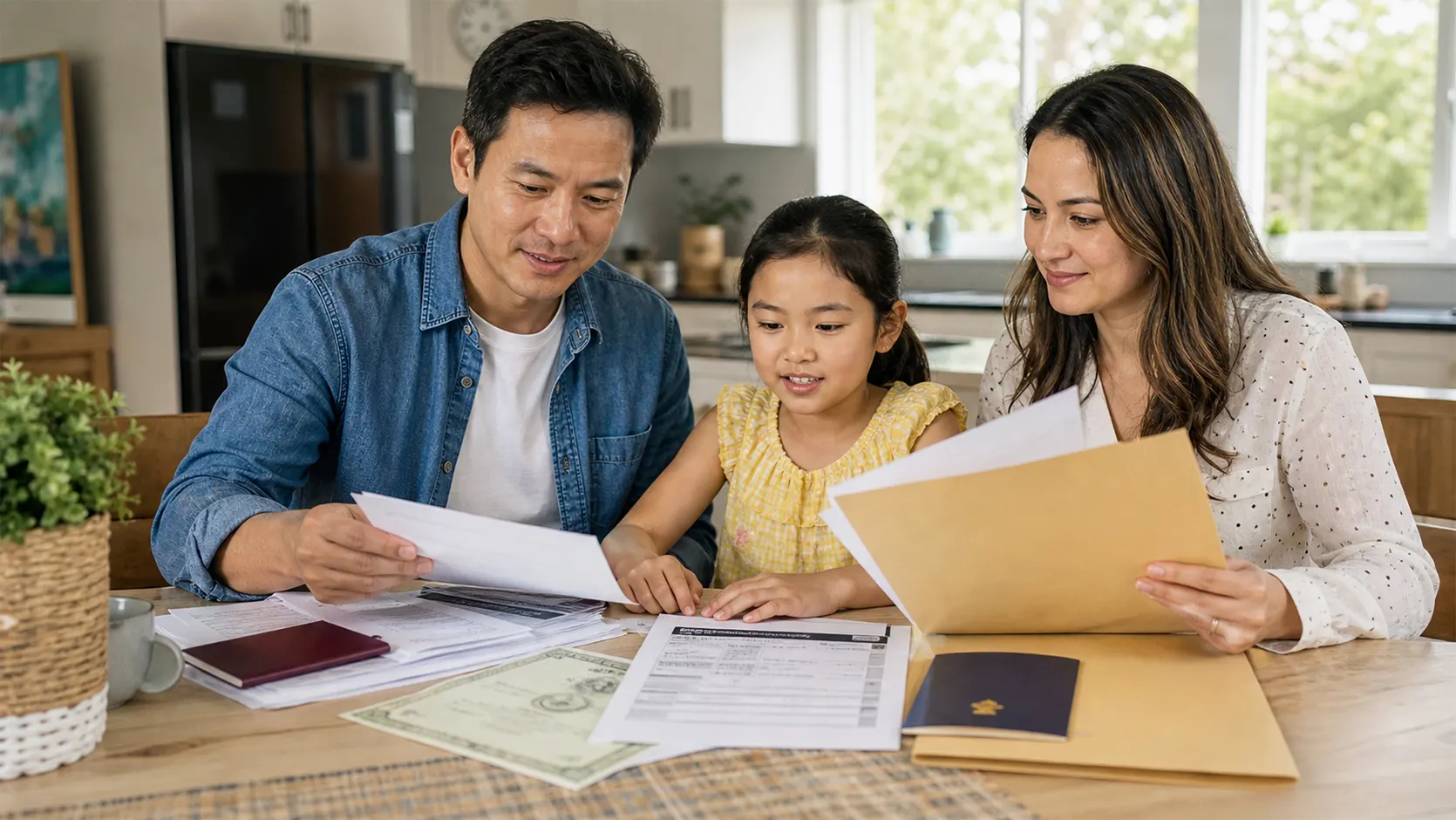 International family organising school enrolment documents at home in Australia