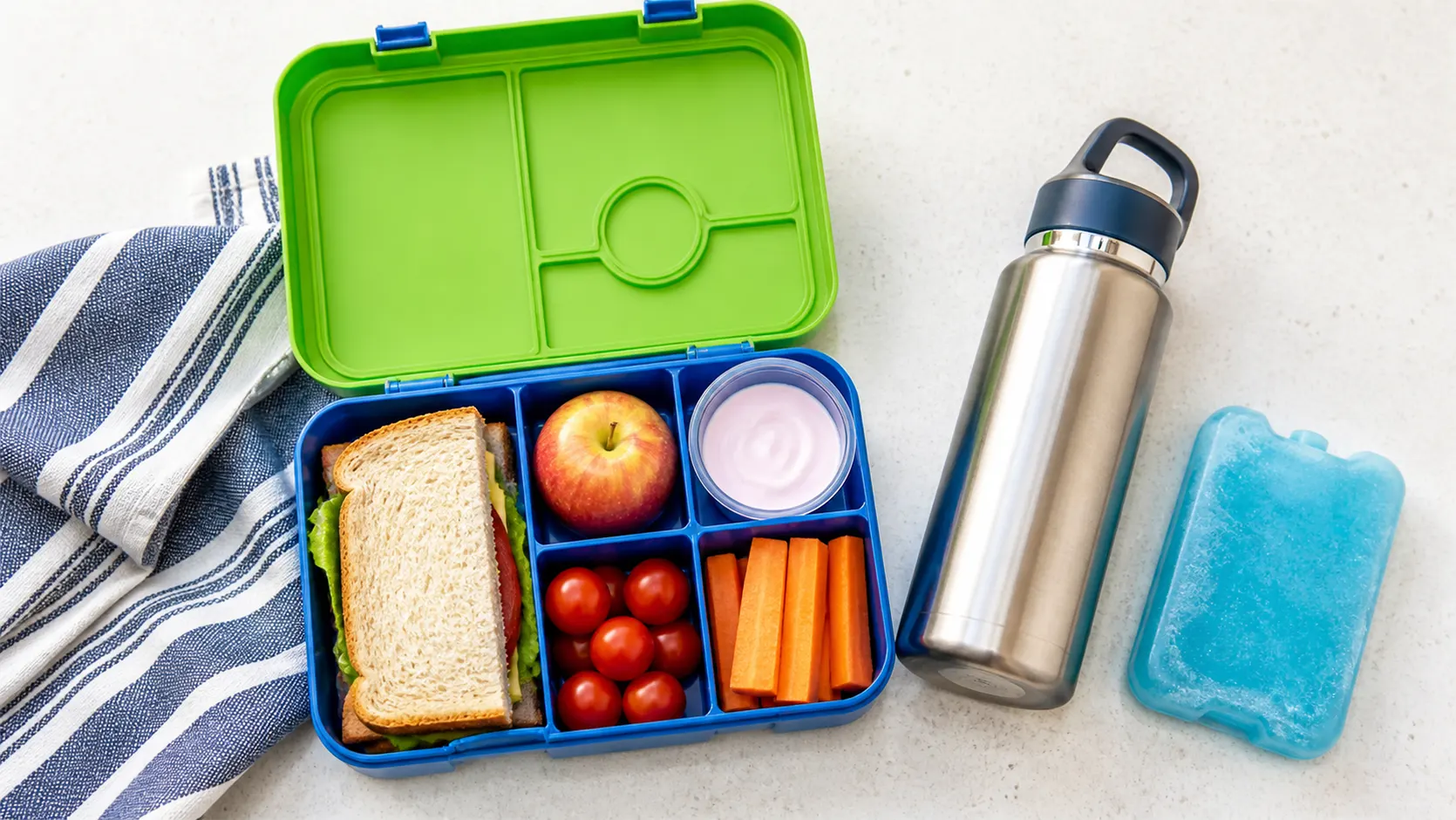 Perfectly packed Australian school bento-style lunchbox with fresh fruit, vegetables and an insulated water bottle