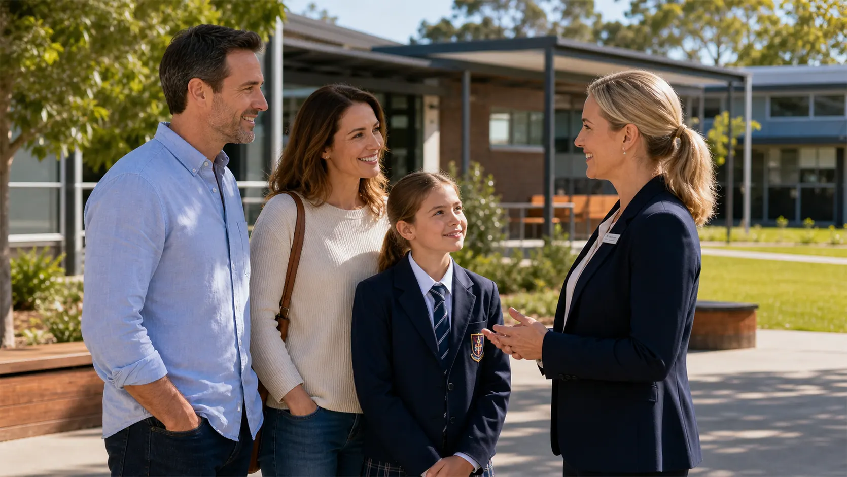 Australian family visiting a school campus during an open day, speaking with a teacher