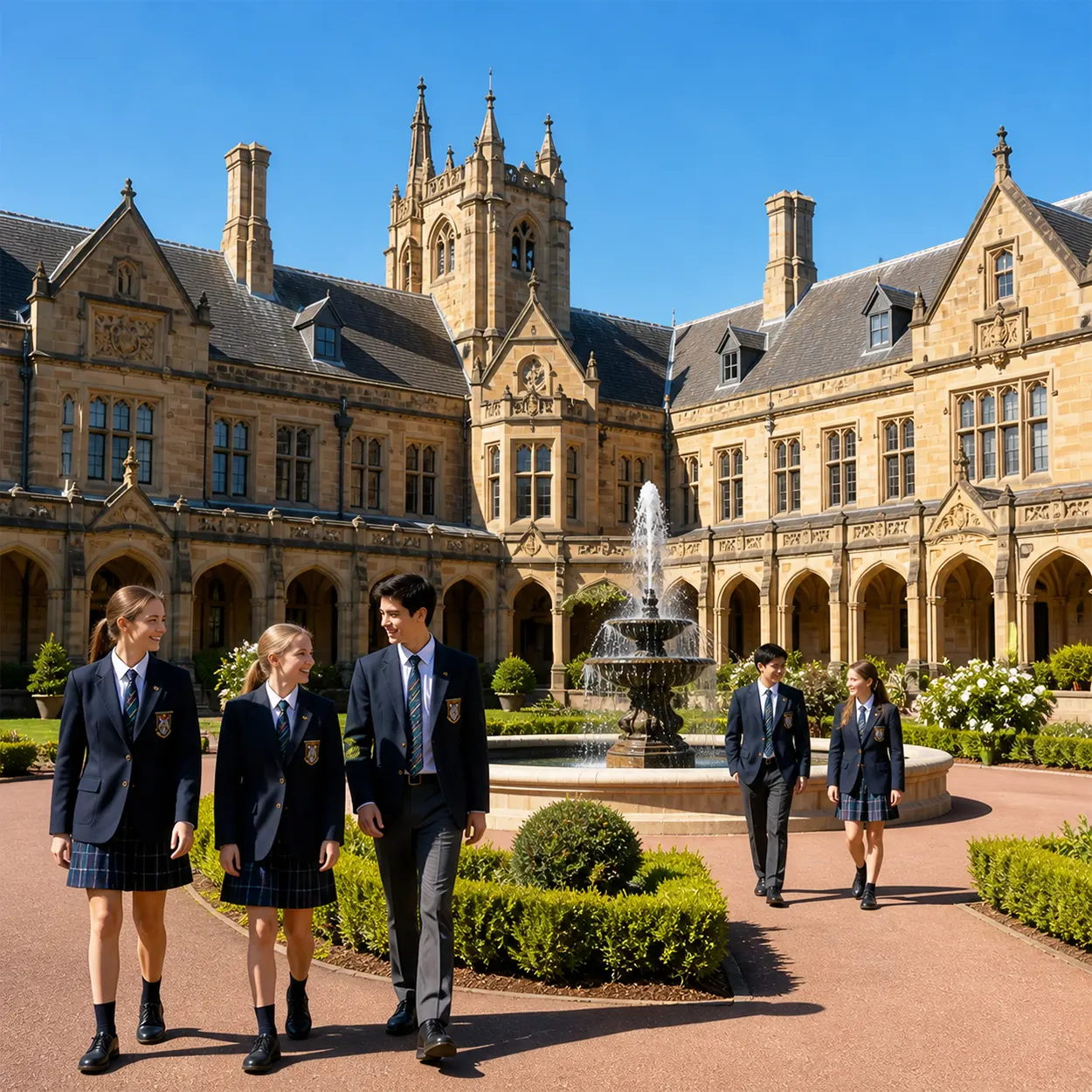 Elegant private school building in Australia with manicured gardens and students in formal uniforms
