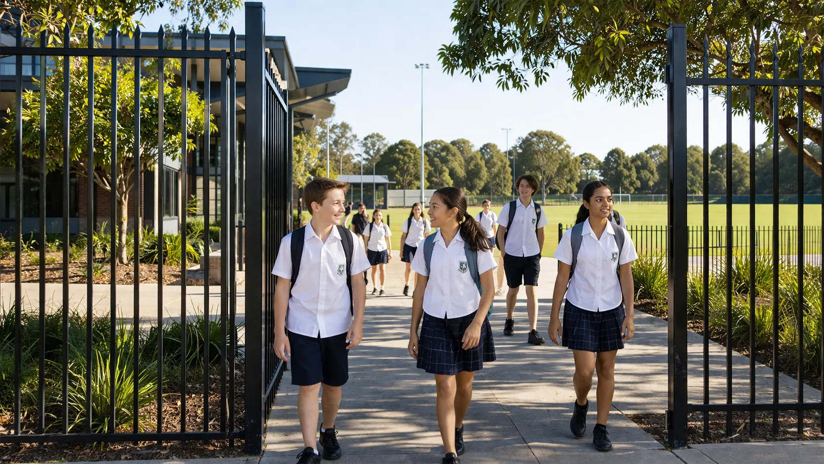 Modern Australian government school campus with students walking on a sunny day