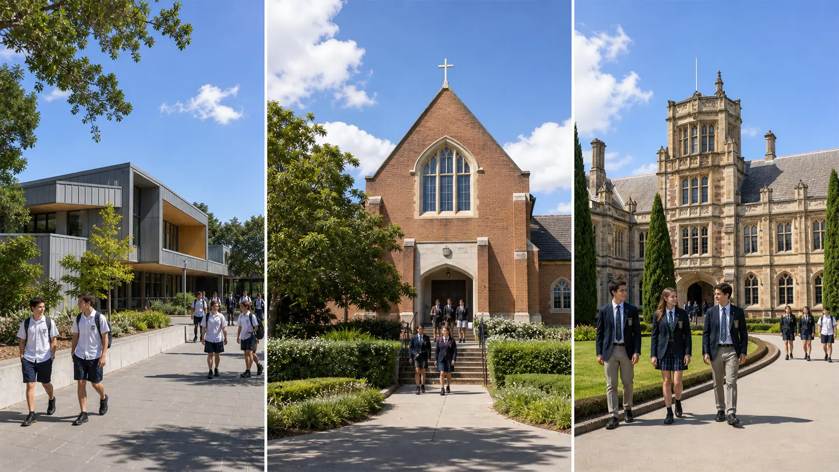 Three school buildings representing public, Catholic and private schools in Australia on a bright sunny day