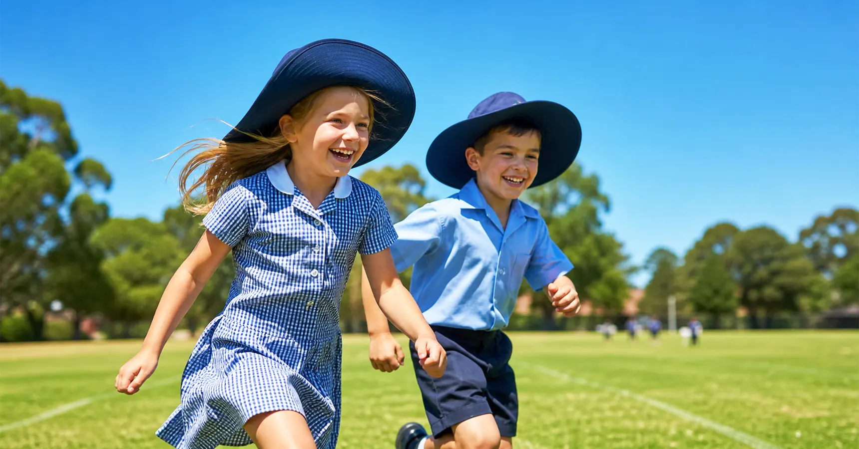 Two happy Australian primary school children wearing wide-brimmed school hats playing on a sunny school oval