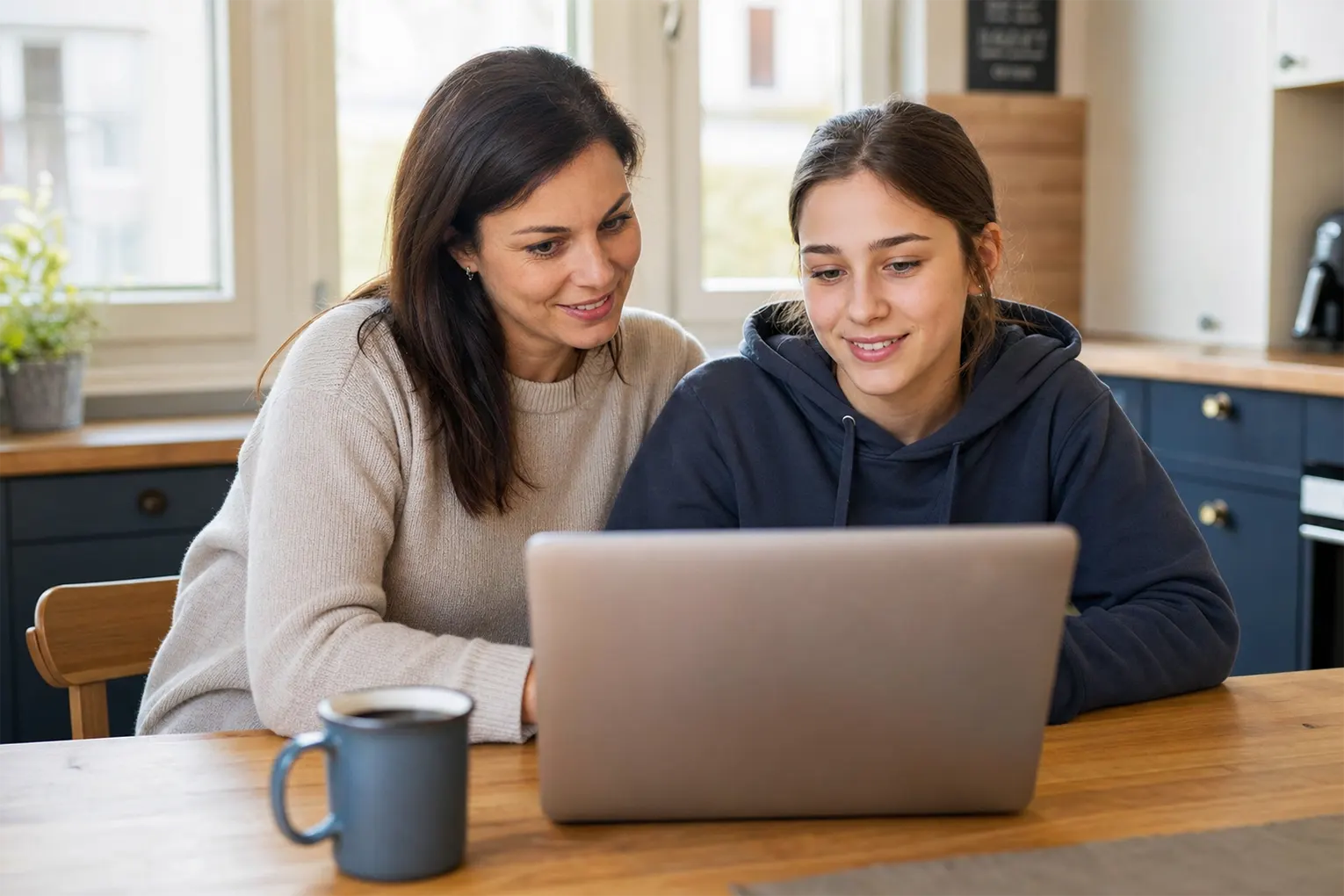 A parent and child looking together at NAPLAN results on a laptop at a kitchen table
